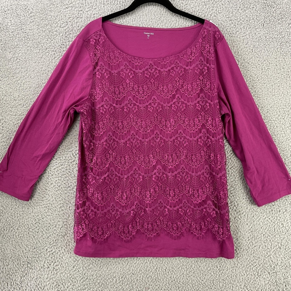 Garnet Hill Shirt Womens XL Magenta Tunic Top Crochet Lace‎ Overlay 3/4 Sleeve